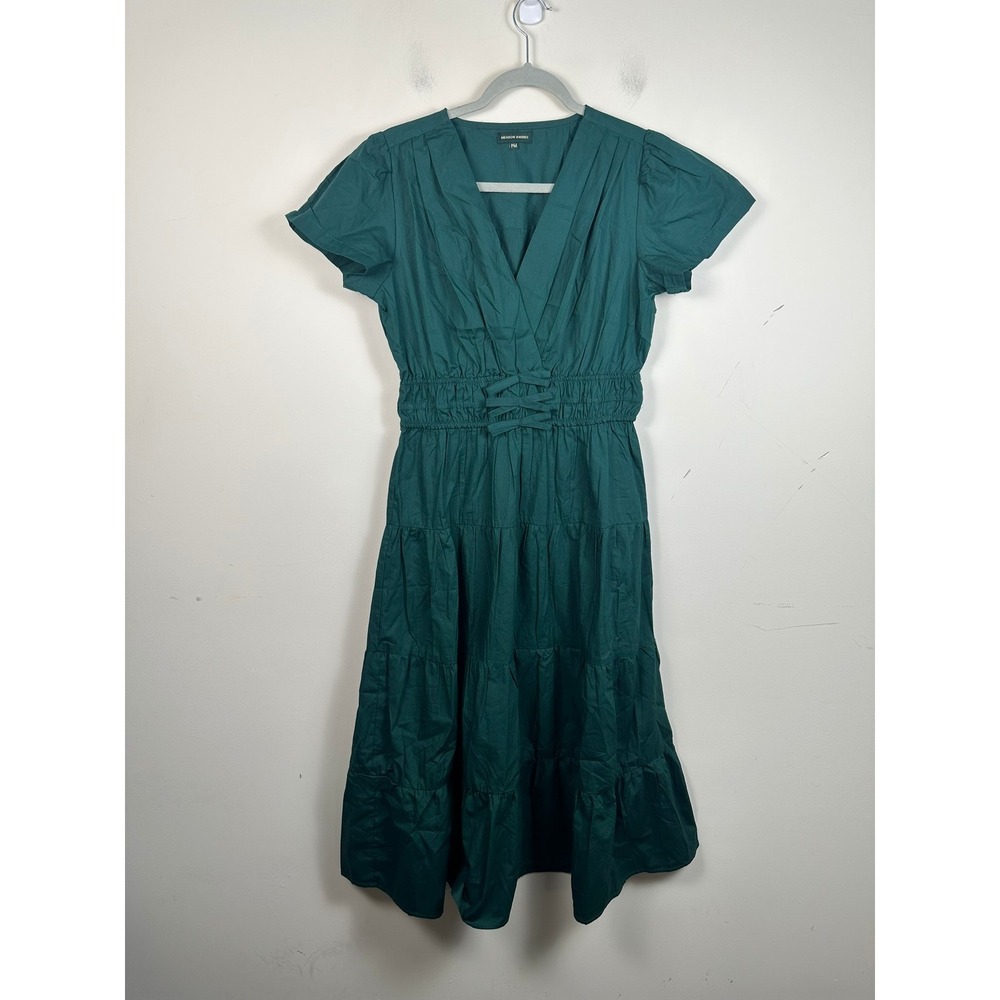 Meadow Rhodes Midi Dress Womens PM Green Good Cotton Smocked Tiered V-Neck